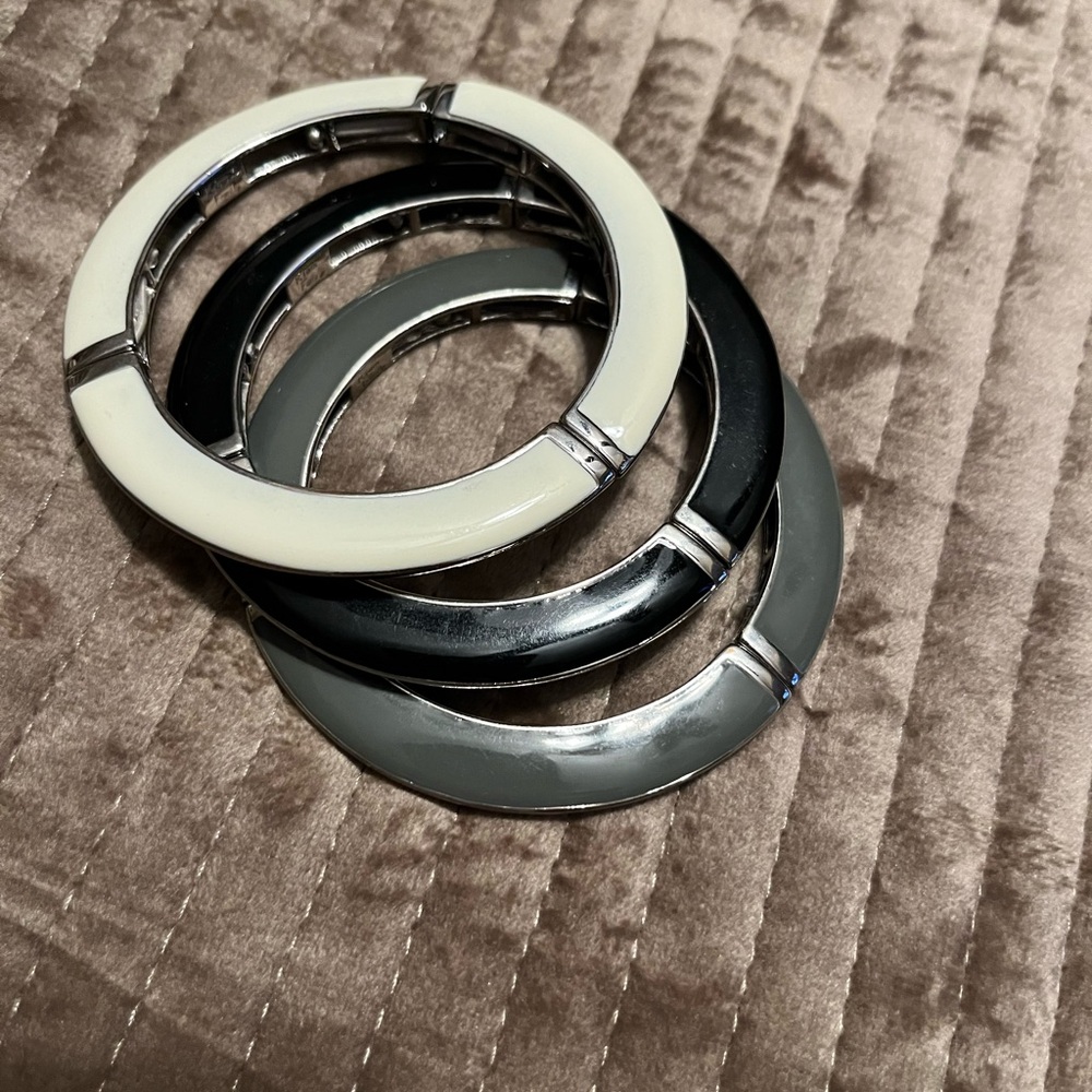 Elegant Black, White, and Silver Bangle Set